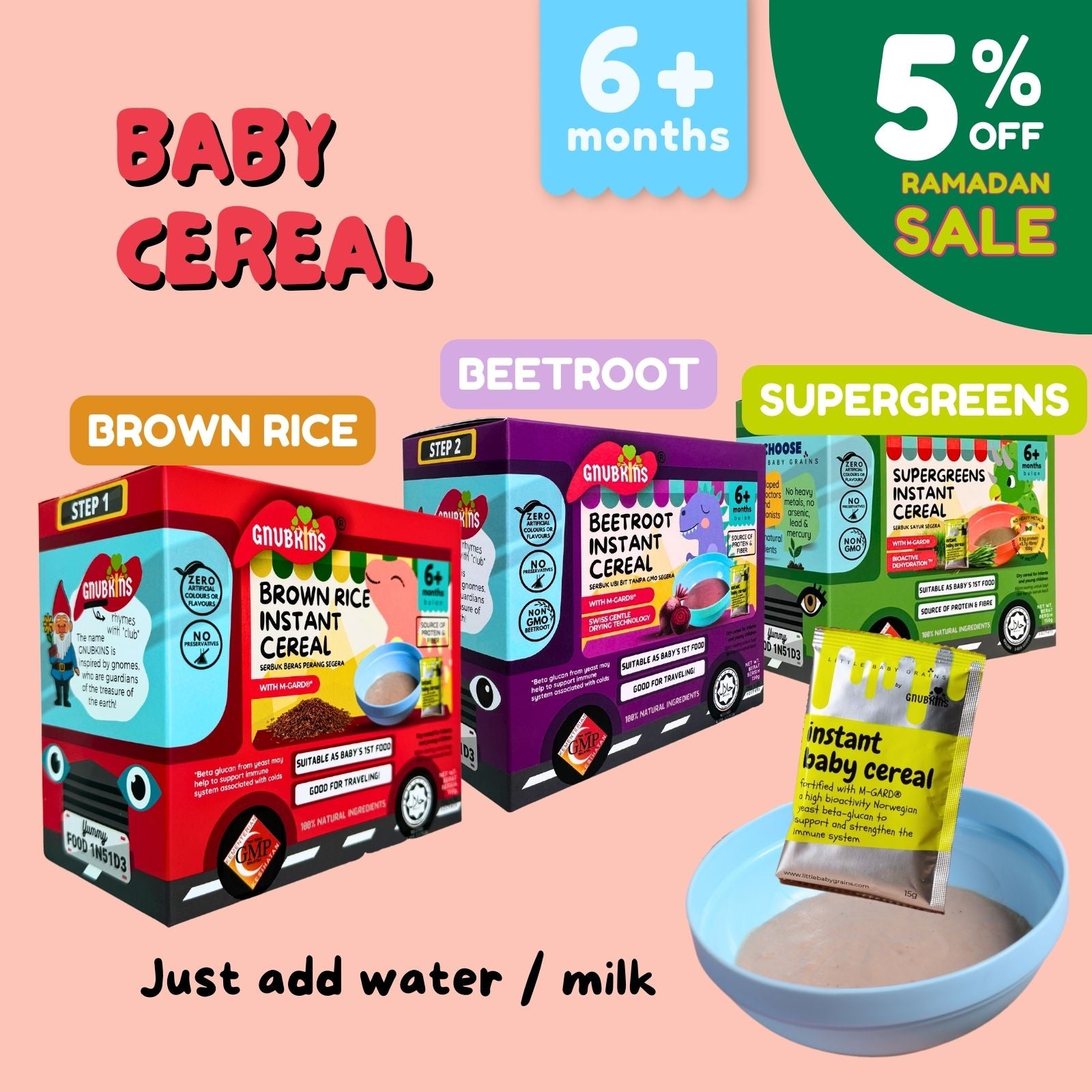 Brown Rice Baby Cereal with Puree Texture - 3 Flavours (6 Months Onwards)